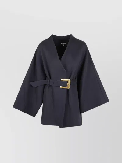 Balmain Belted Oversized Coat Draped Back In Blue