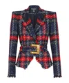 Balmain Belted Plaid Tweed Jacket In Blue