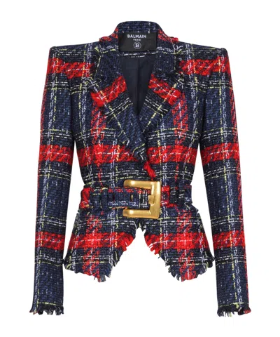 BALMAIN BELTED PLAID TWEED JACKET