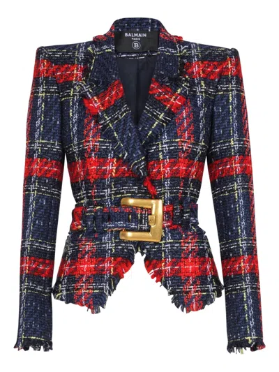 BALMAIN BELTED PLAID TWEED JACKET