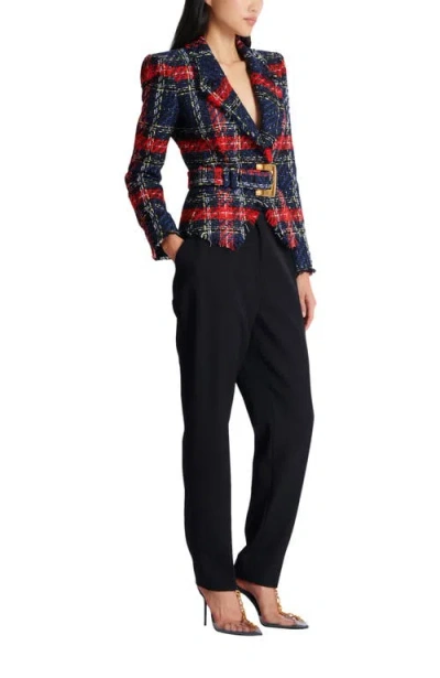 BALMAIN BALMAIN BELTED PLAID TWEED JACKET
