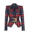 Balmain Belted Plaid Tweed Jacket In Red