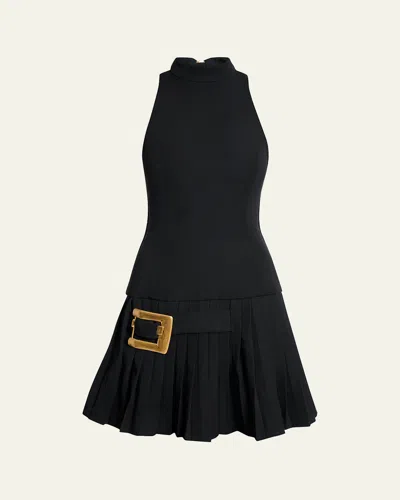 BALMAIN BELTED PLEATED HALTER MINI DRESS