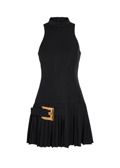 Balmain Belted Pleated Wool Mini Dress In Black