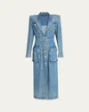 Balmain Belted Pocket Detail V-neck Denim Midi Dress In Blue