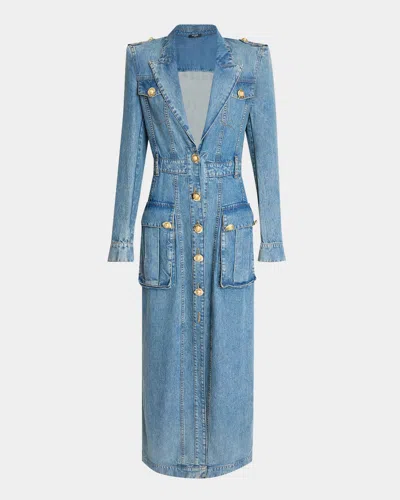 Balmain Belted Pocket Detail V-neck Denim Midi Dress