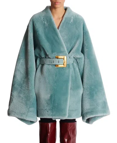 Balmain Belted Shearling Coat In Blue