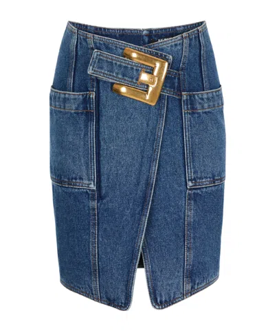 BALMAIN BALMAIN BELTED SHORT DENIM SKIRT