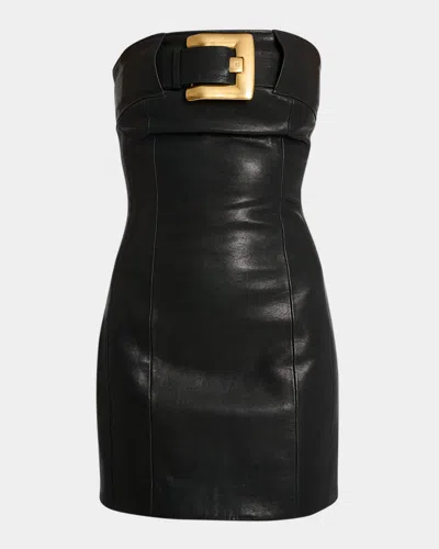 Balmain Belted Strapless Leather Mini Bustier Dress In Black