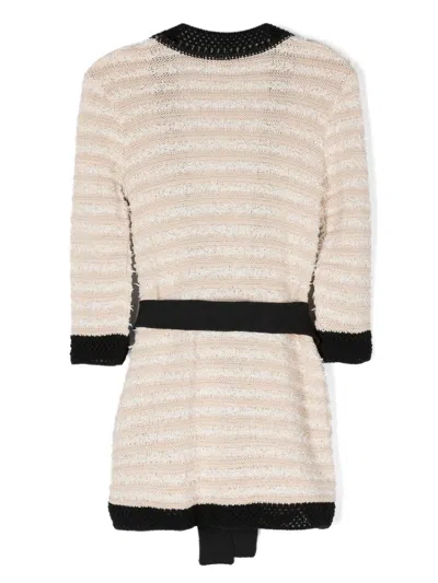 Balmain Kids' Belted Striped Cardigan In Neutrals