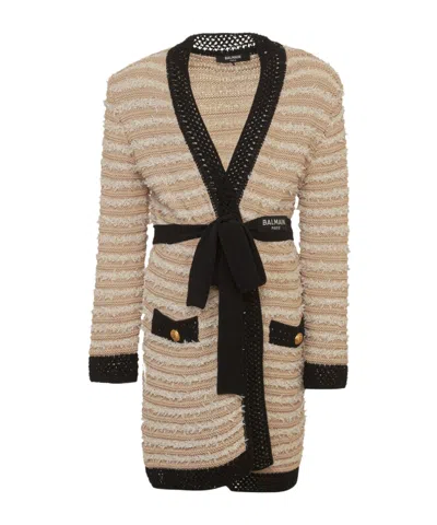 Balmain Belted Striped Cardigan In Nude