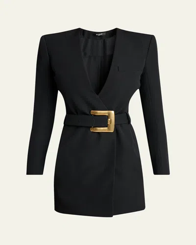 Balmain Belted Strong-shoulder Long-sleeve Mini Dress In Black