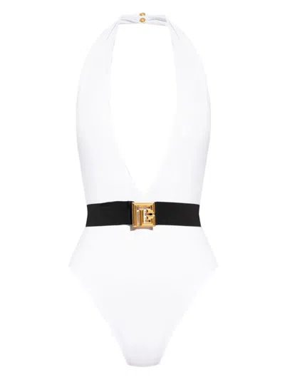 Balmain Belted Swimsuit In White
