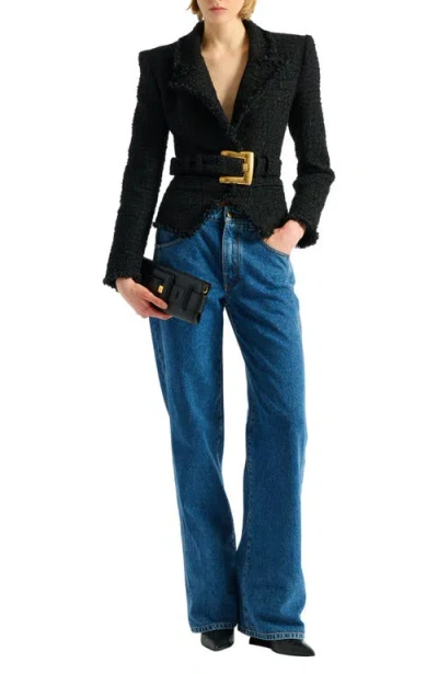 Balmain Belted Tweed Jacket In Blue