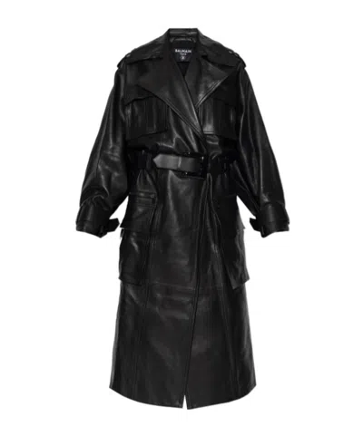 Balmain Belted Lambskin Trench Coat In Black