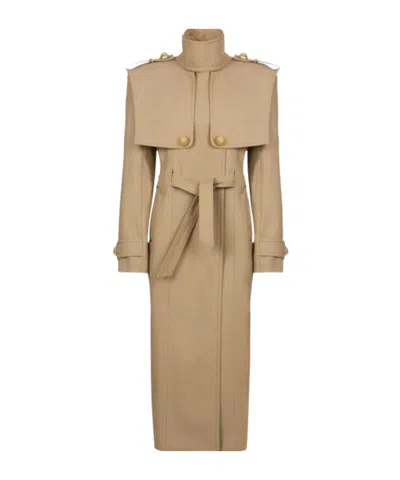 Balmain Trench Coat With Belted Waist And High Collar In Beige