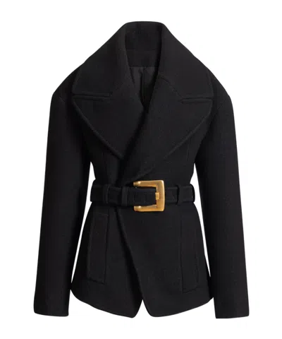 Balmain Belted Wool Pea Coat In Black