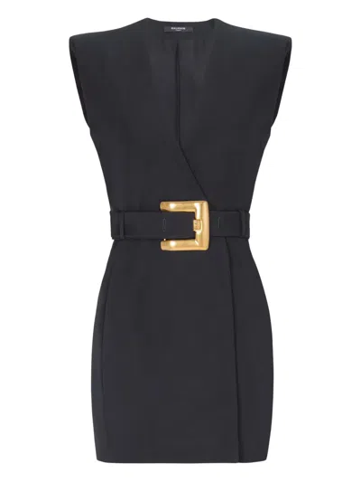 Balmain Sleeveless Wrap Dress Belted Waist Neckline In Black