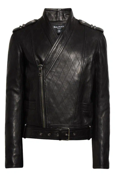 Balmain Belted Zip Cuff Quilted Lambskin Leather Biker Jacket In Black