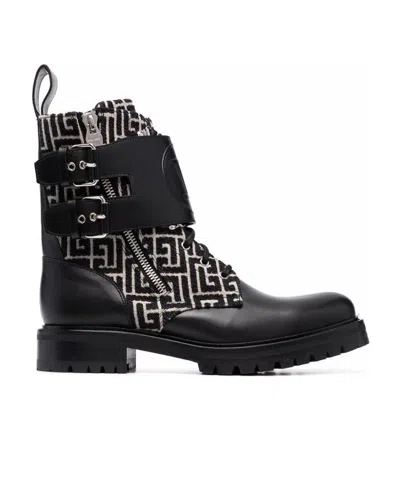 BALMAIN BICOLOR SMOOTH AND MONOGRAM JACQUARD PHIL RANGER ANKLE BOOTS