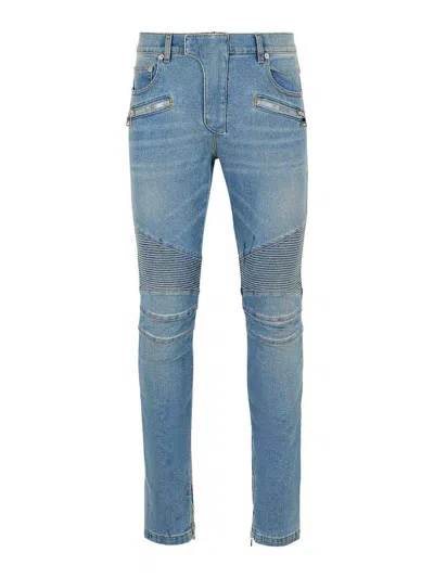 BALMAIN BIKER BLUE COTTON JEANS