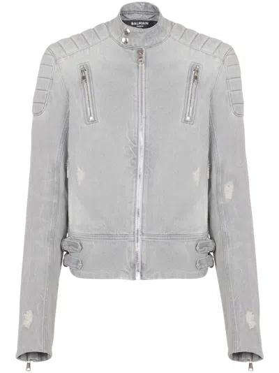 Balmain Biker Denim Jacket In Gray