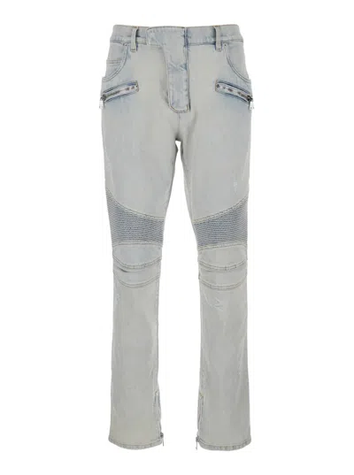 Balmain Light Blue Skinny Jeans With Logo Patch And Ribbed Knees