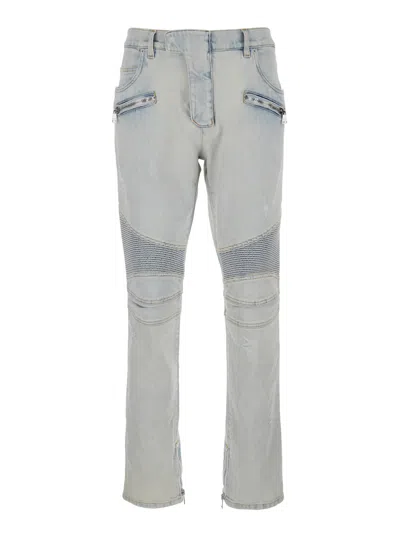 Balmain Light Blue Skinny Jeans With Logo Patch And Ribbed Knees