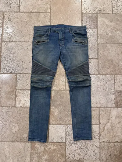 Pre-owned Balmain Biker Distressed Stone Wash Blue Denim Jeans