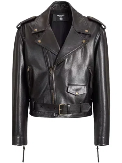 Balmain Belted Biker Jacket Gold Tone Hardware In Black