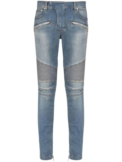Balmain Distressed Slim Biker Jeans In Blue