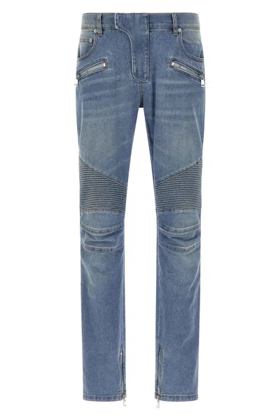 Balmain Distressed Slim Biker Jeans In Blue