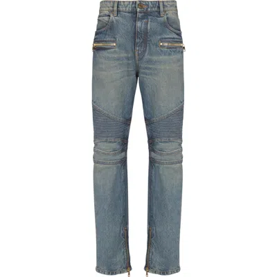 Balmain Straight Denim Jeans Belt Loops Ribbed Knees In Multi