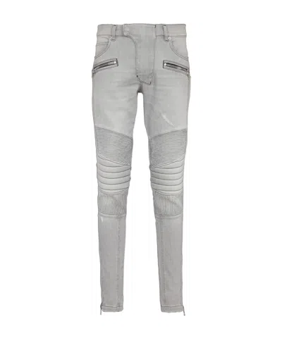 Balmain Biker Jeans In Grey Quilted Denim