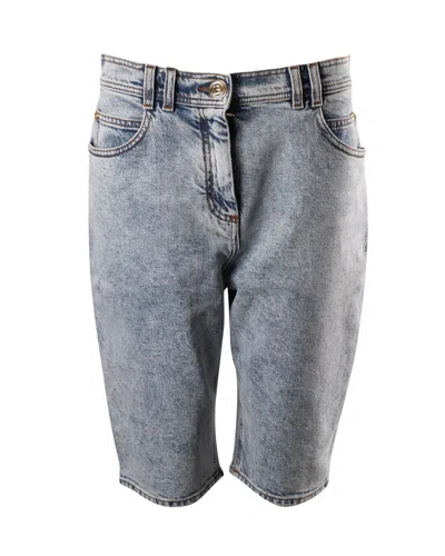 Balmain Biker Shorts In Light Blue Cotton Denim