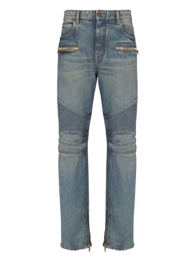 Balmain Biker Zip-pocket Cotton Jeans In Multi