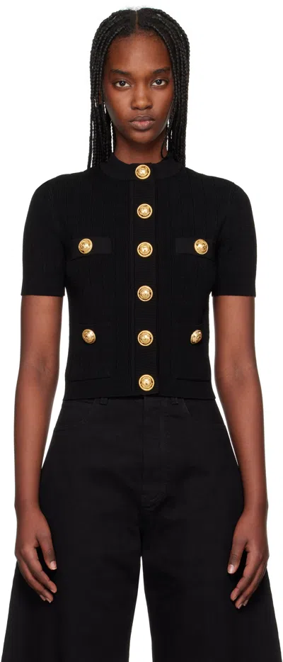 BALMAIN BLACK 4-POCKET KNITTED CARDIGAN