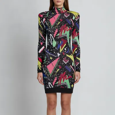 Pre-owned Balmain Black 80s Jacquard Knit Long Sleeve Mini Dress S