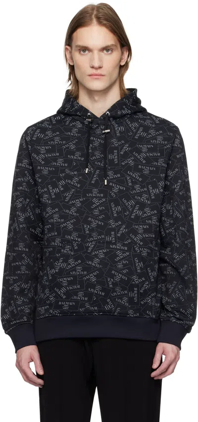 BALMAIN BLACK ALL-OVER 'BALMAIN' LABEL PRINT HOODIE