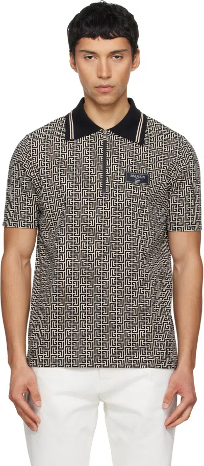 BALMAIN BLACK & BEIGE MONOGRAM POLO