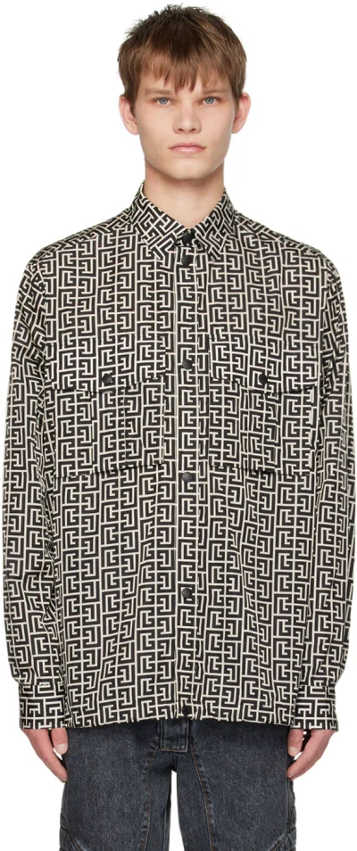 Balmain Black & Beige Monogram Shirt In Gfe Ivoire/noir