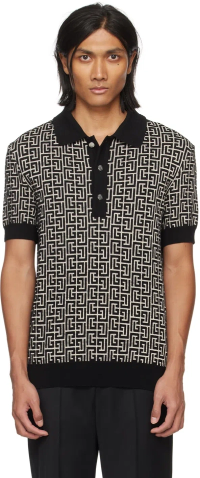 Balmain Black & Beige Monogrammed Polo
