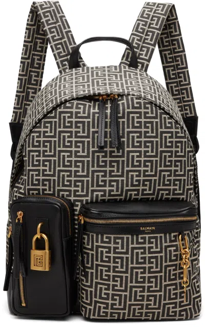BALMAIN BLACK & BEIGE PULSE MONOGRAM JACQUARD BACKPACK