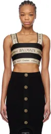 Balmain Cropped Canvas-jacquard Top In Black