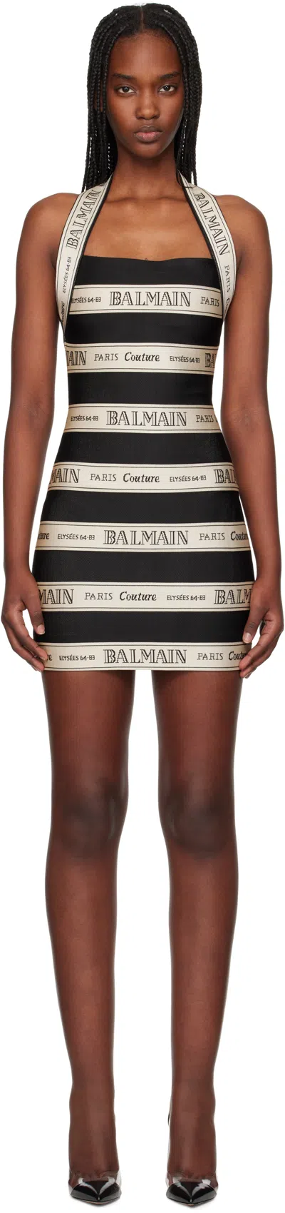 BALMAIN BLACK & OFF-WHITE JACQUARD HALTERNECK MINIDRESS