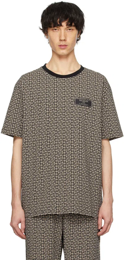 Balmain Grey T-shirt With Logo Applied On The Chest And All-over Labyrinth Motif In Cotton Man In Multicolour