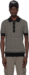 Balmain Wool And Linen Polo Shirt With Monogram Motif In Black