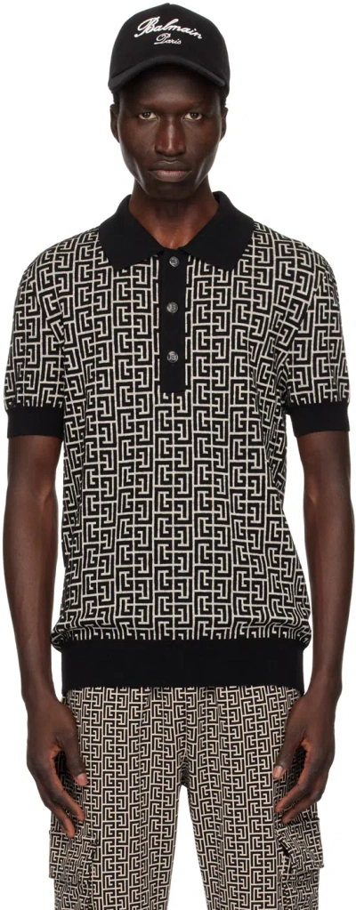 BALMAIN BLACK & OFF-WHITE MONOGRAMMED POLO