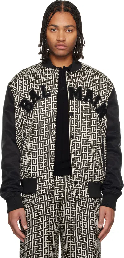 BALMAIN BLACK & OFF-WHITE MONOGRAMMED VARSITY JACKET