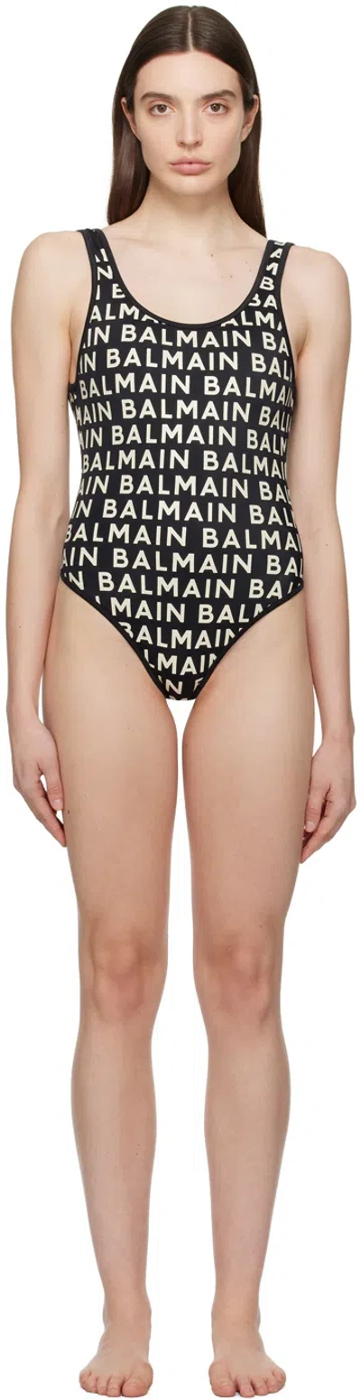 Balmain Black & Off-white Print Swimsuit In 022 Black/ivory